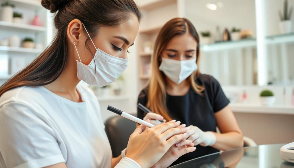 Cliente avaliando trabalho de esmaltação em uma esmalteria em Curitiba Cliente avaliando trabalho de esmaltação em uma esmalteria em Curitiba